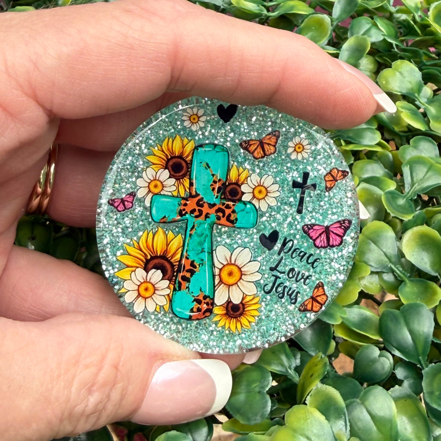 PYP-Peace Love Jesus Sunflower Cross Glitter Acrylic — 2" Round | Choose Badge Reel or Phone Grip