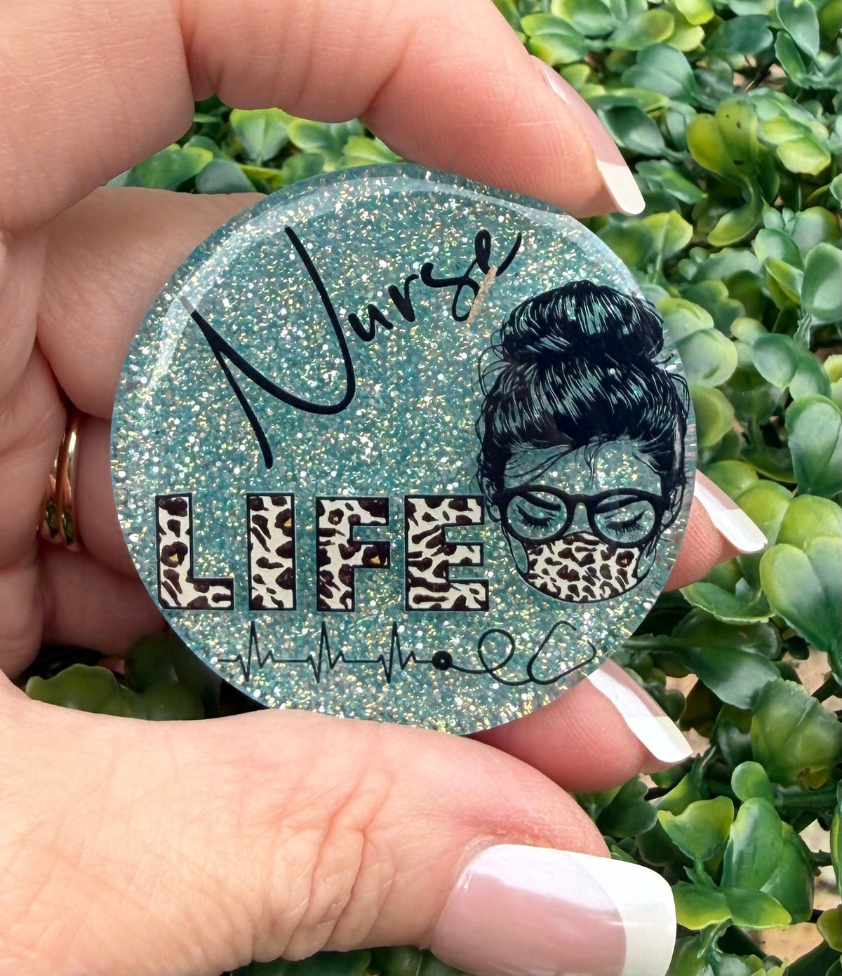 PYP- Nurse Life Leopard Messy Bun Glitter Acrylic Topper
