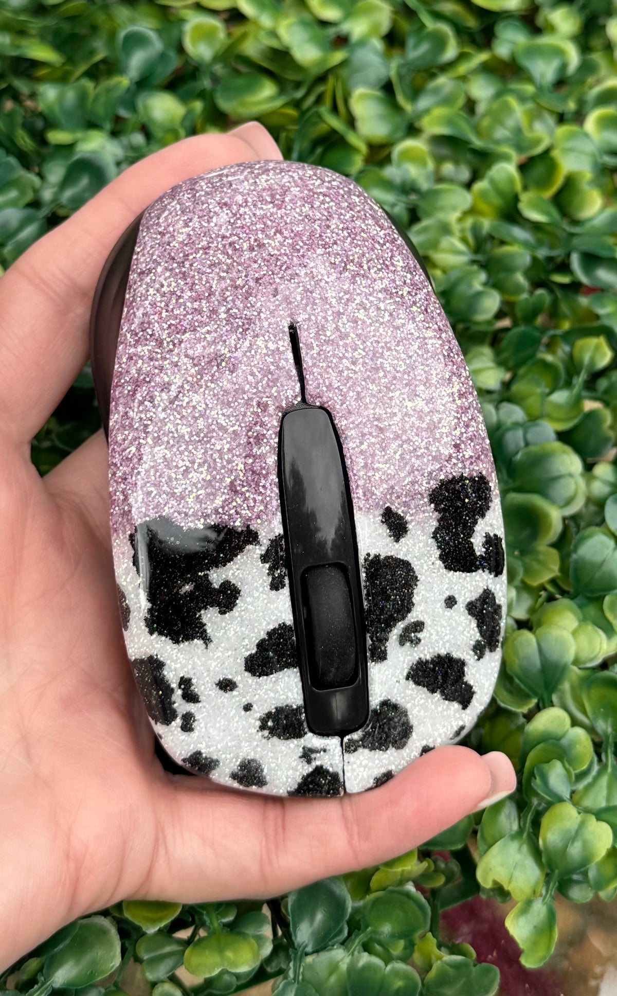 Purple Glitter Cow Print Computer Mouse