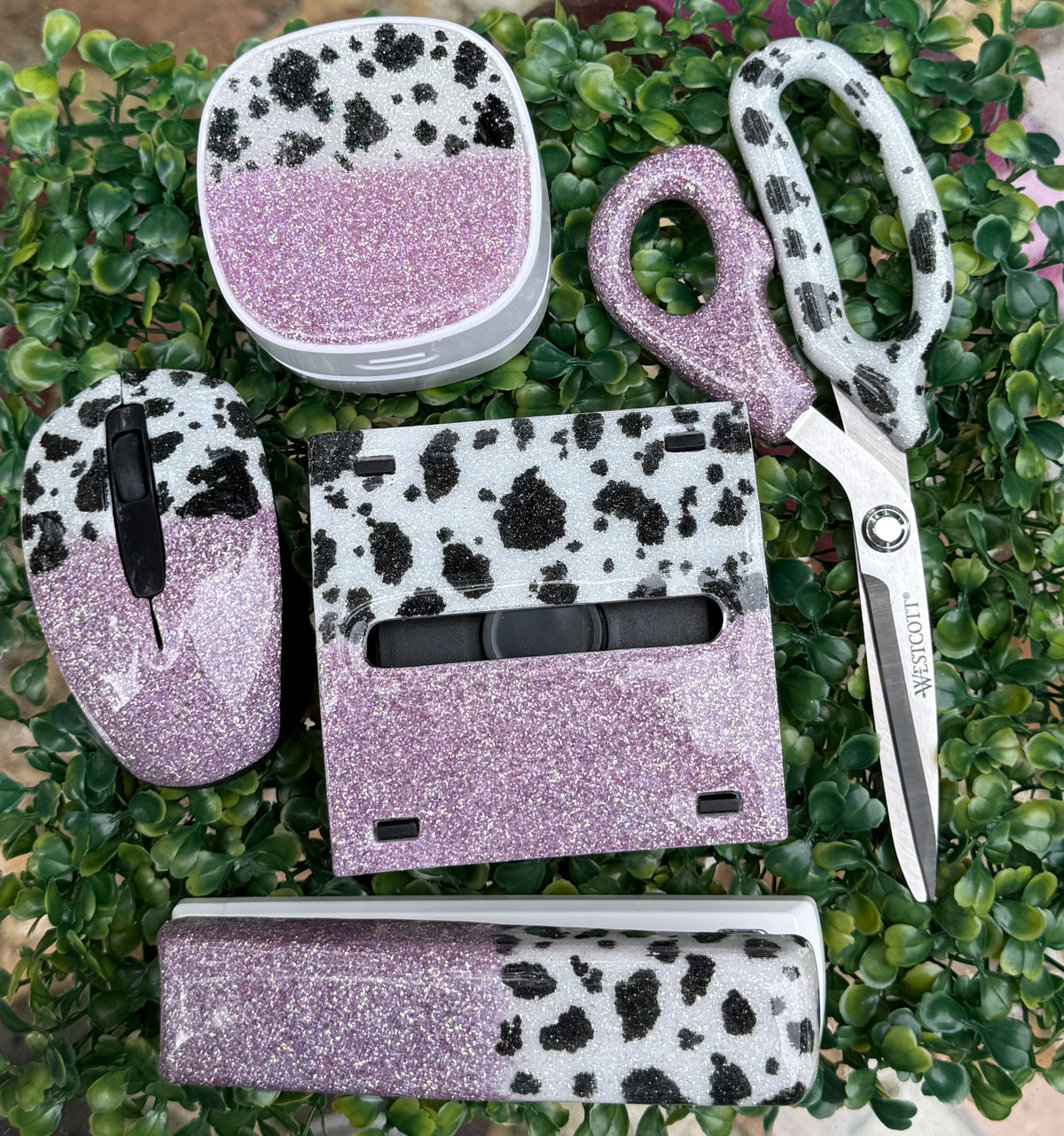 Purple Glitter Cow Print Office Supplies Set