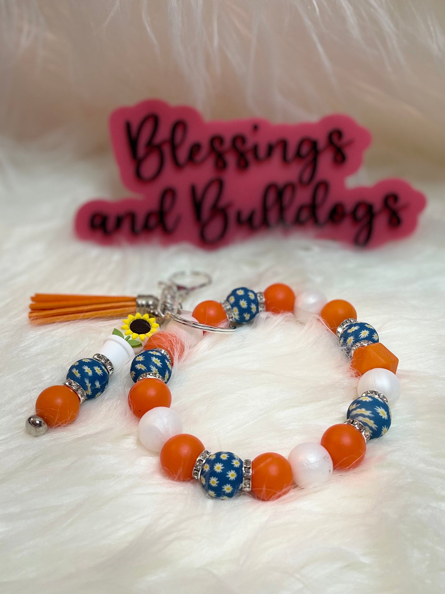 Orange and White Sunflower Wristlet with Accent Bar