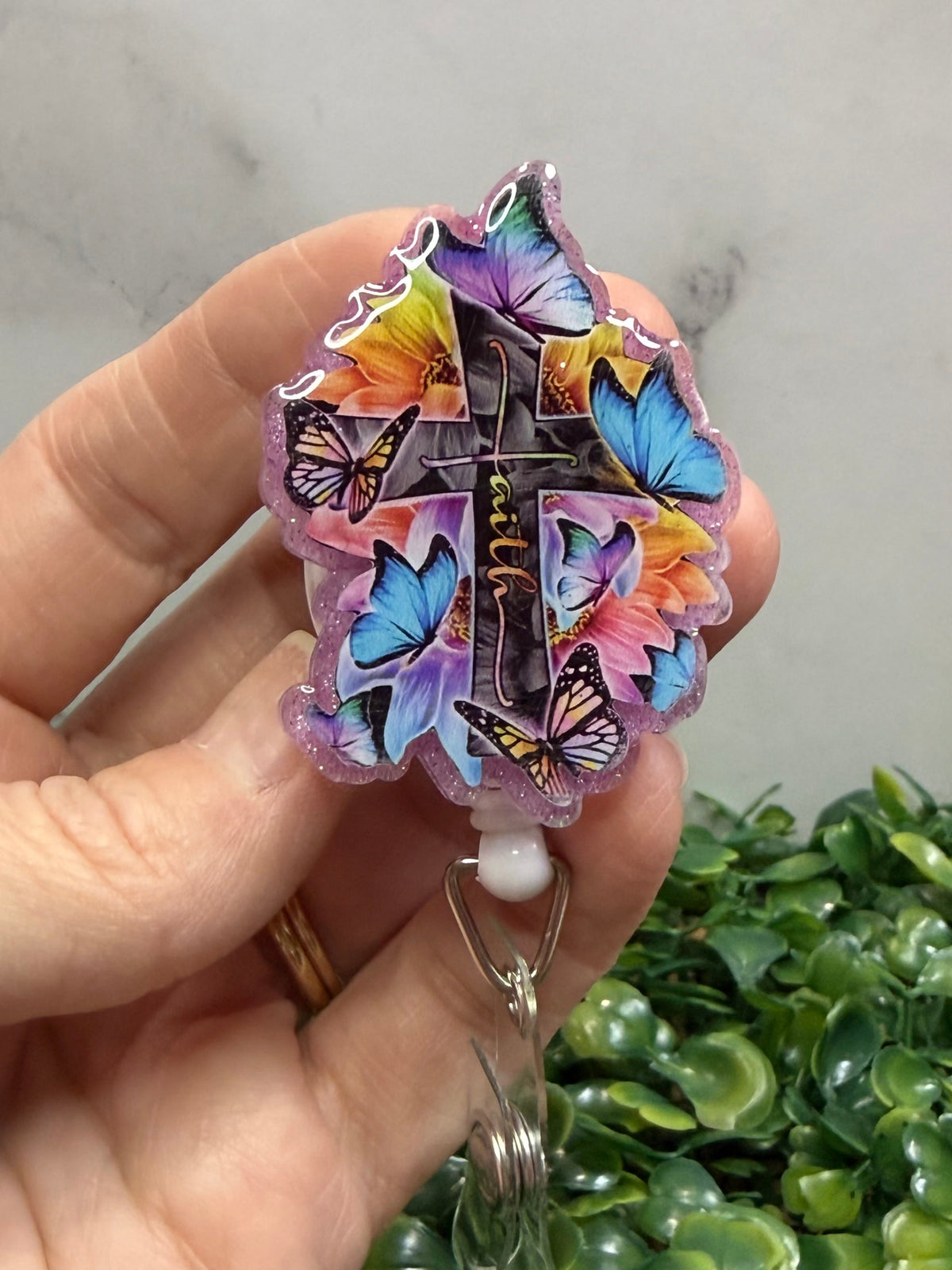 Colorful Butterfly Cross Badge Reel 🦋