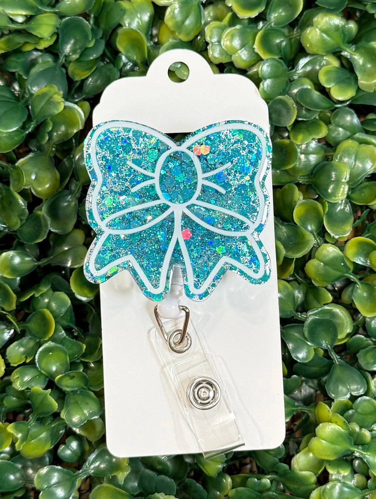 Teal Glitter Bow Badge Reel 💙