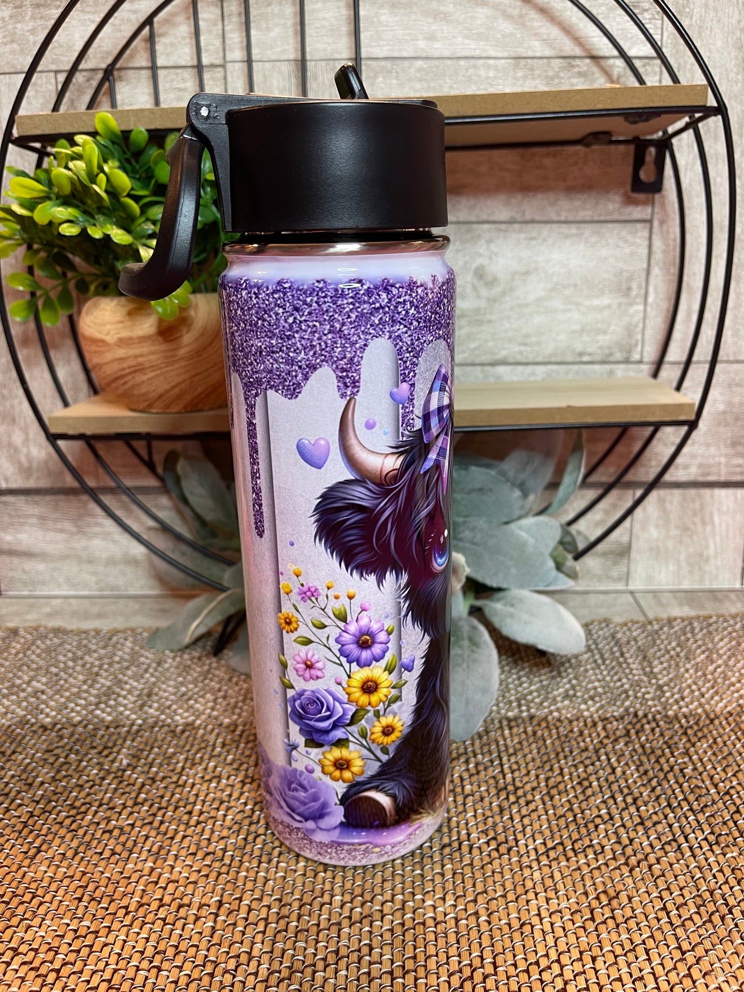 22 oz Sports Sip  Purple and Black Highland Cow