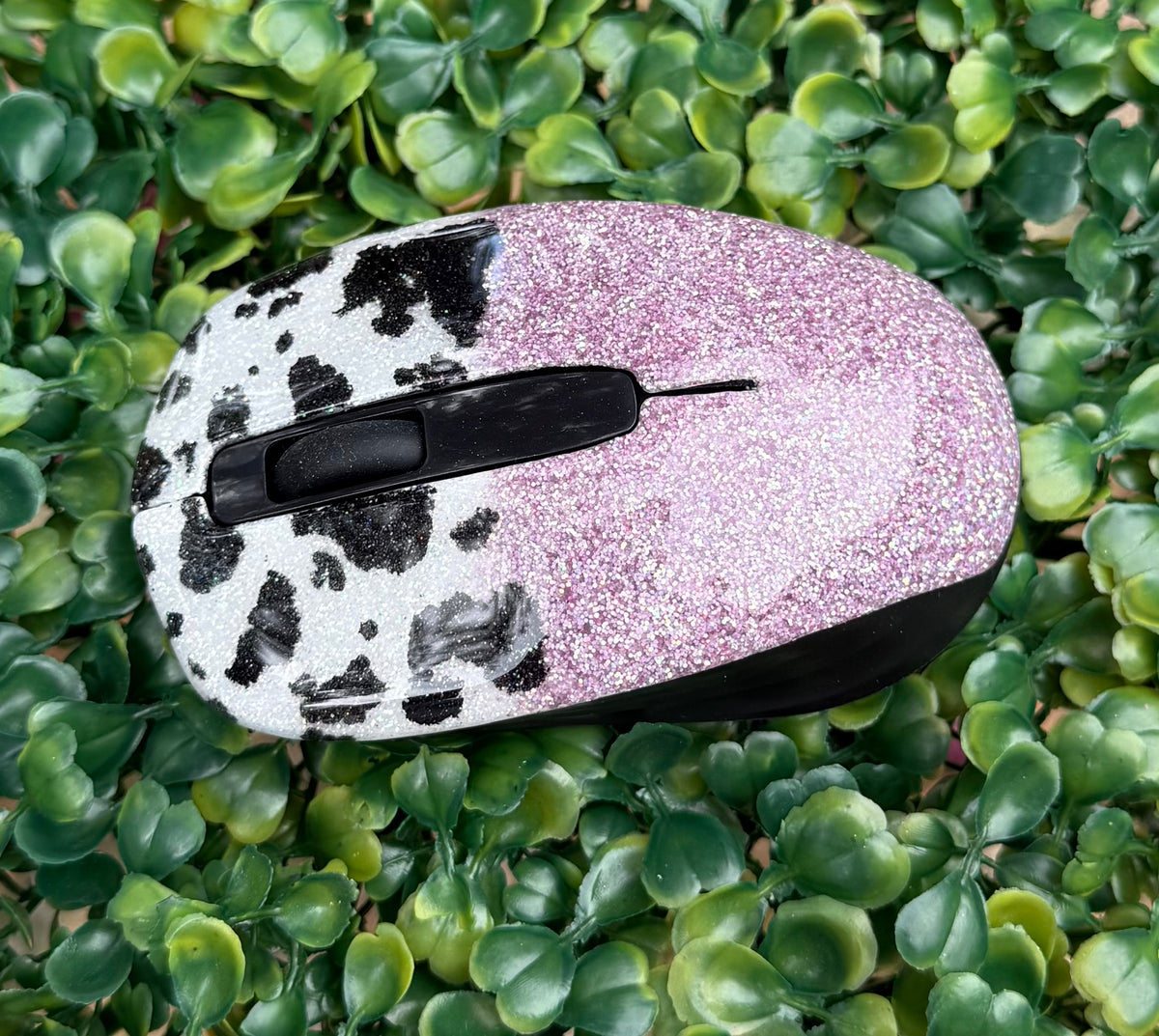 Purple Glitter Cow Print Computer Mouse
